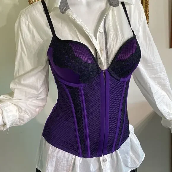La SENZA Bustier Purple Black Lace Open Cross Back Medium - Picture 8 of 16